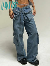 Lunivop Bandage High Waisted Baggy Jeans Women Blue Pockets Lace Up Cargo Pants Woman Street Casual